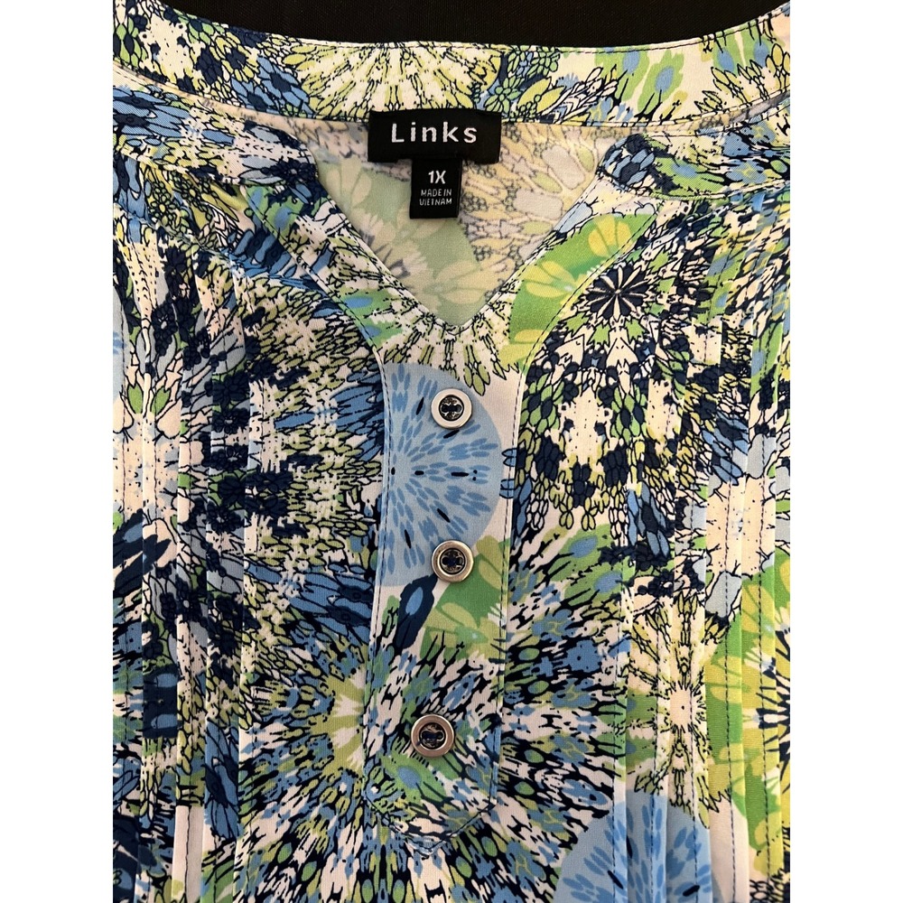 Links Blouse 1X Blue Green Kaleidoscope Floral Medallion 3/4 Sleeve Pleated Top - Picture 2 of 7